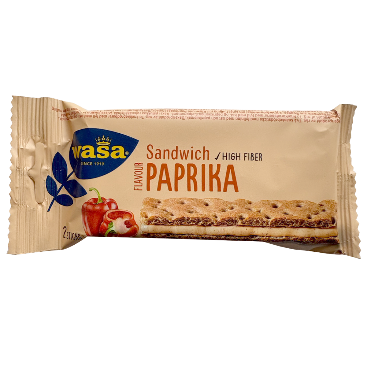Wasa Sandwich Cheese & Paprika confectionery snacks with crispy layers and cheese filling, topped with paprika on a white background