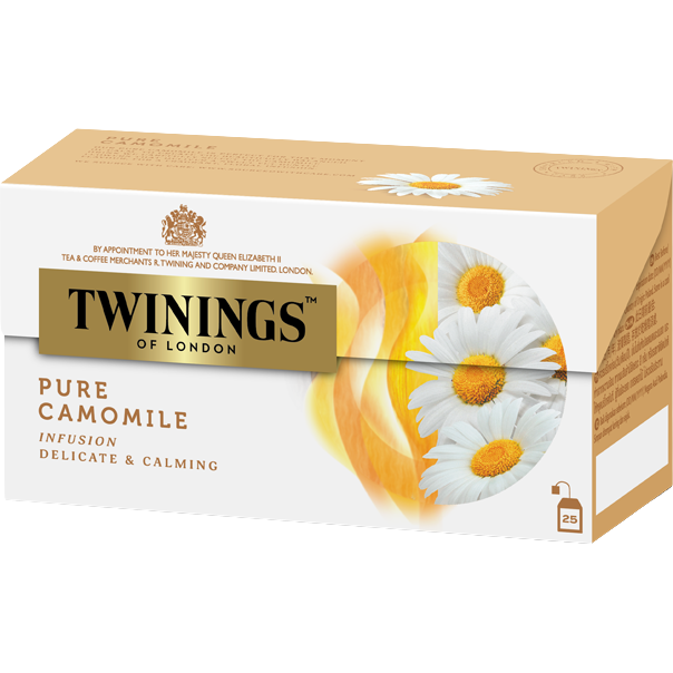 Cup of Twinings Camomile tea in a clear glass mug, showcasing the herbal drink with chamomile flowers and a light golden color.