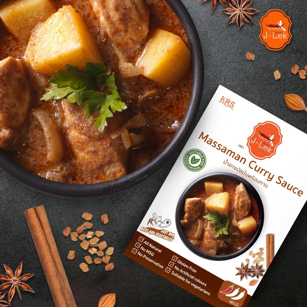 J-LEK Massaman Curry Paste 250g jar, Thai dry grocery product with rich, aromatic curry paste in a glass jar