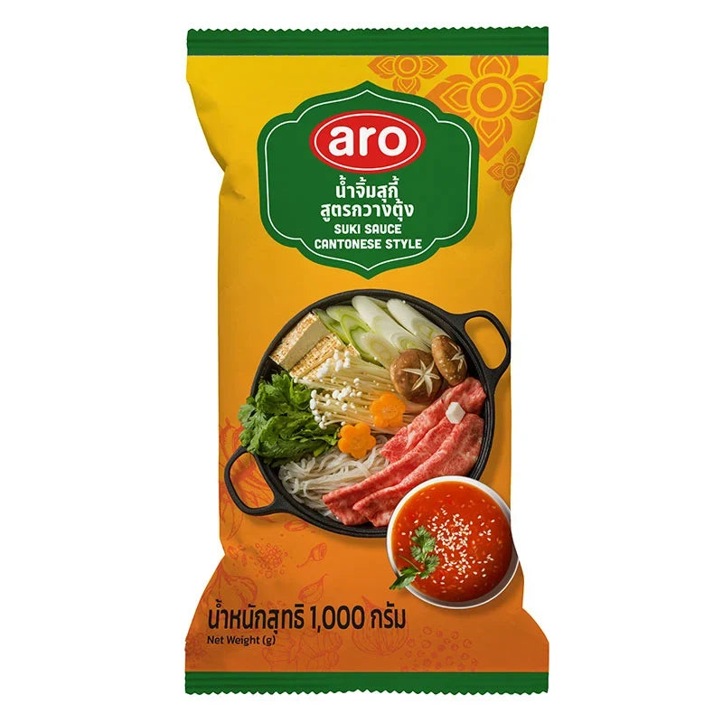Aro Sukiyaki Sauce 1kg in a clear jar, showcasing the dark, rich Japanese-style sauce used for cooking sukiyaki dishes.