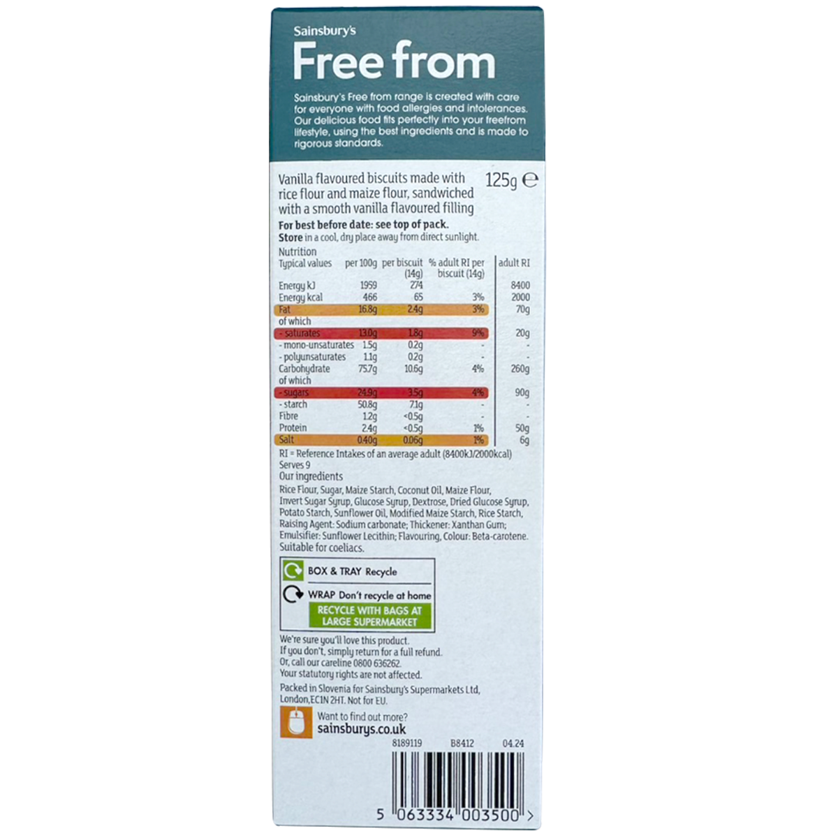 Sainsbury's Free From Custard Creams confectionery snacks featuring golden custard cream biscuits with smooth filling