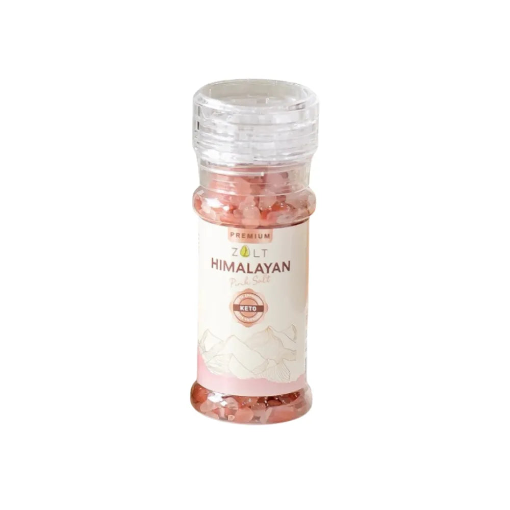 Zalt Himalayan Pink Salt with certification, showing coarse pink salt crystals in a clear container, ideal for culinary use.
