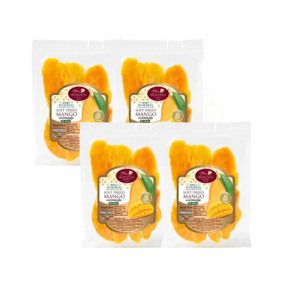 SRIWANNA Sriwanna soft dried mango 100g, dry grocery snack, showing bright orange dried mango slices on a white background