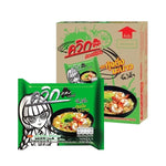 WAIWAI Quick Spicy Instant Noodles with steamed shrimp and lime in a bowl, showcasing the dry grocery product.