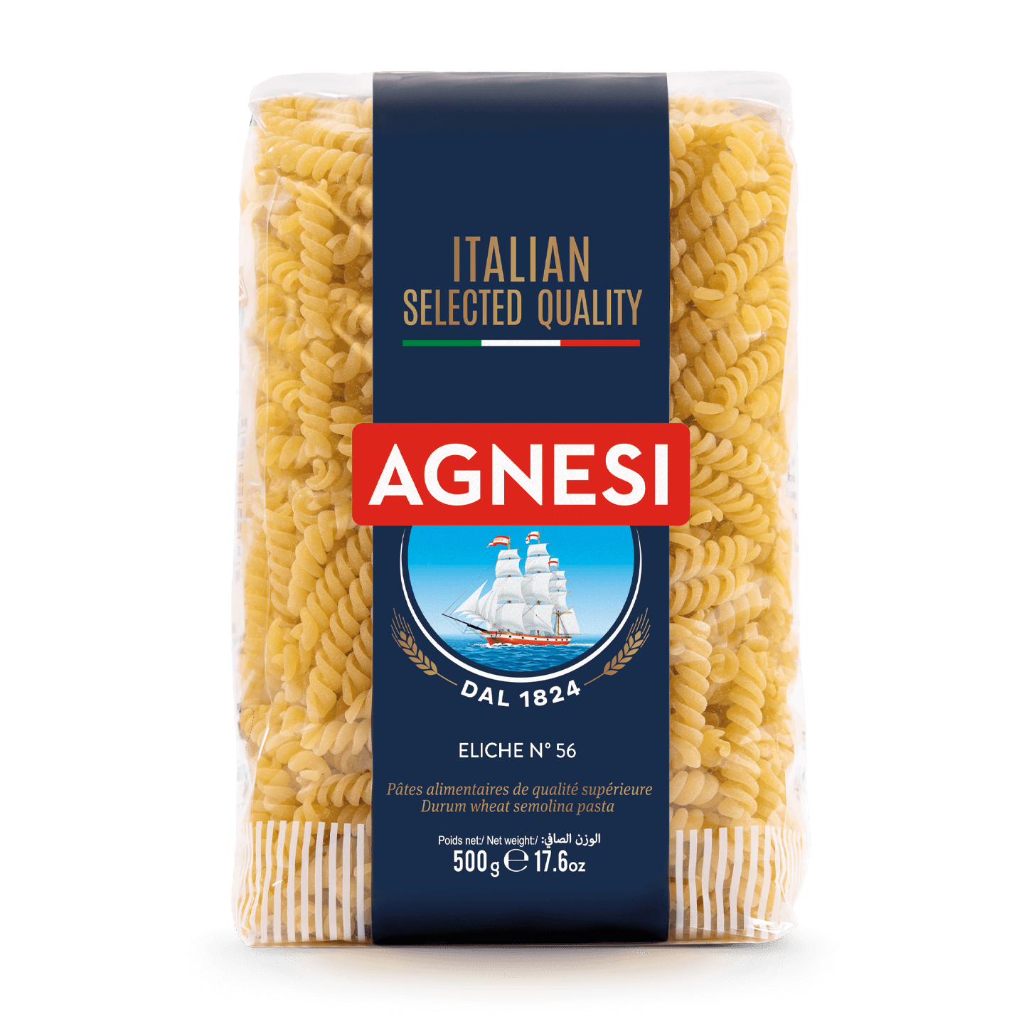 Agnesi Eliche #56 pasta in a clear bag, showing twisted, egg-based Italian spaghetti from the Agnesi grocery brand.