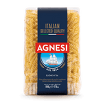 Agnesi Eliche #56 pasta in a clear bag, showing twisted, egg-based Italian spaghetti from the Agnesi grocery brand.