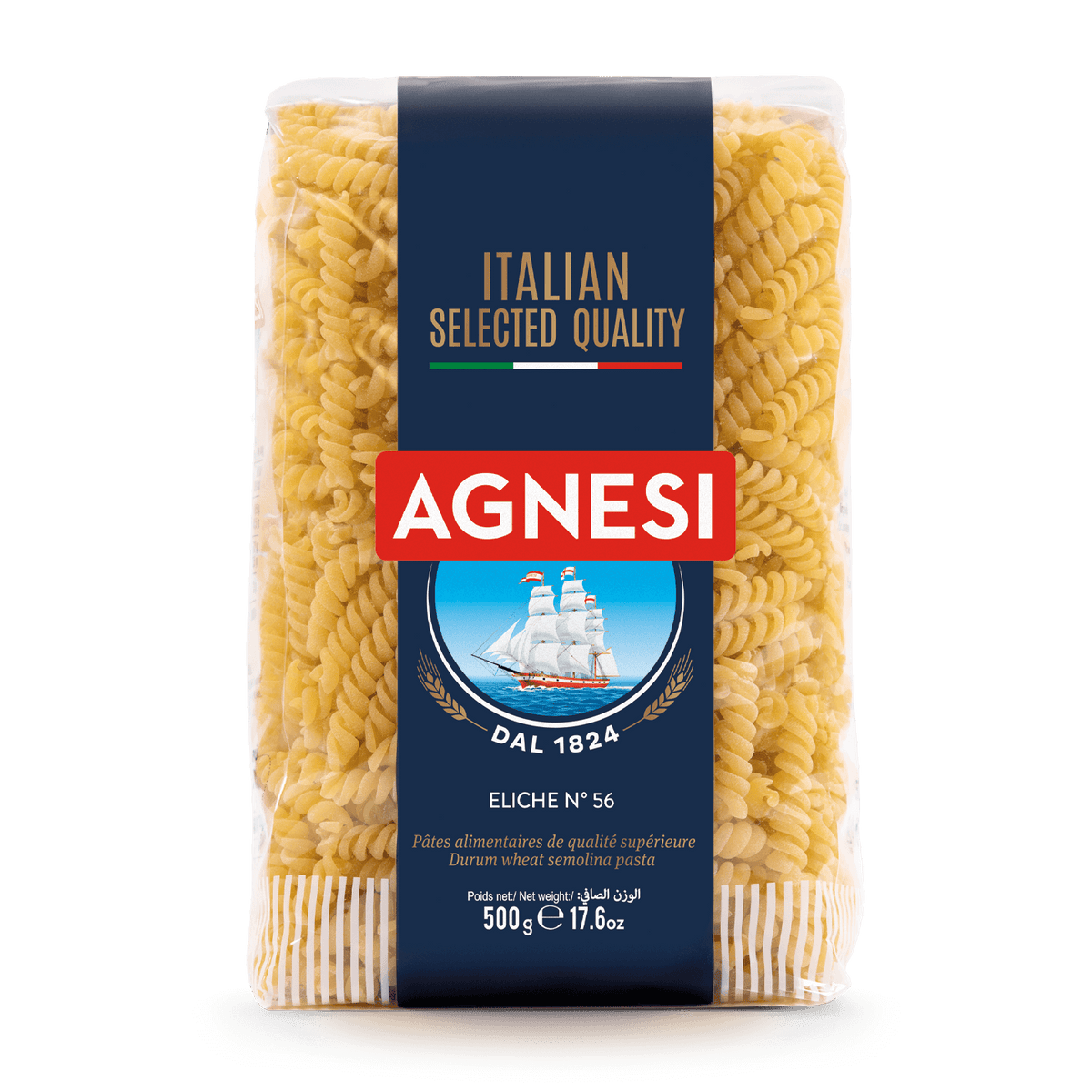 Agnesi Eliche #56 pasta in a clear bag, showing twisted, egg-based Italian spaghetti from the Agnesi grocery brand.