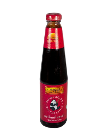 Bottle of Lee Kum Kee Panda Oyster Sauce, a popular grocery item, with the label clearly showing the brand and sauce inside.