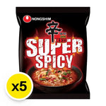 NONGSHIM Shin Red Super Spicy instant ramen pack with five 120g dry noodle cups, featuring vibrant spicy flavor packaging.