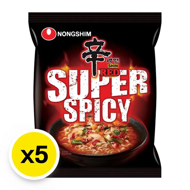 NONGSHIM Shin Red Super Spicy instant ramen pack with five 120g dry noodle cups, featuring vibrant spicy flavor packaging.