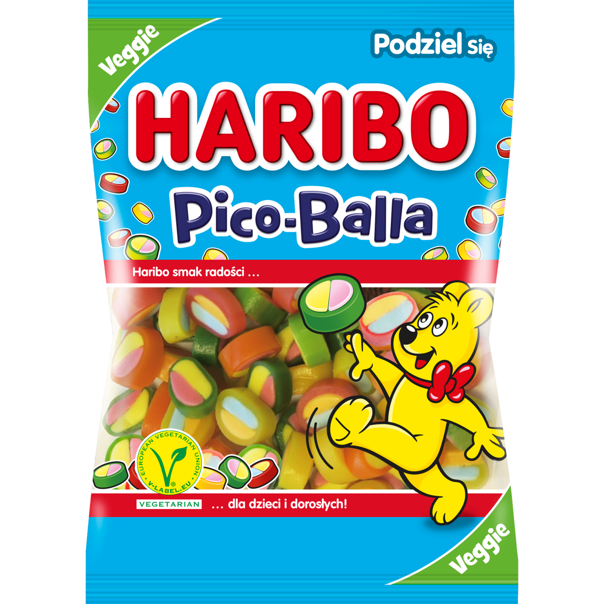 Haribo Pico Balla confectionery snacks in colorful gummy ball shapes with vibrant fruit flavors.
