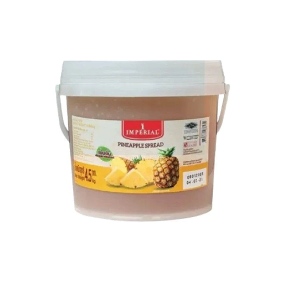 Imperial pineapple jam in 4.5kg dry grocery package, showing the jar with golden pineapple jam inside.