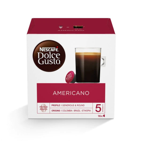 Nescafe Dolce Gusto Americano Intensity coffee drink in a clear glass mug with foam, showcasing the rich coffee and creamy topping.