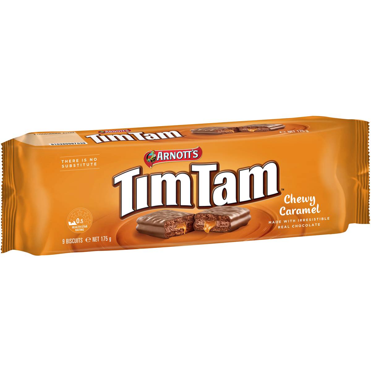 Arnott's Tim Tam Chewy Caramel confectionery snack with chocolate coating and caramel filling, displayed on a white surface.