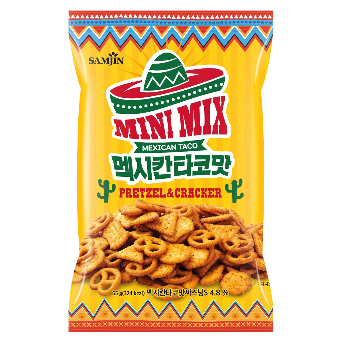 Samjin Pretzel & Cracker Mini Mix Mexican Taco flavor, confectionery snacks with pretzels and crackers in vibrant packaging