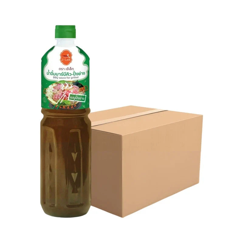 J-LEK BBQ grilling sauce bottles, 1000g, in clear plastic bottles with label, ideal for grilling and outdoor cooking.