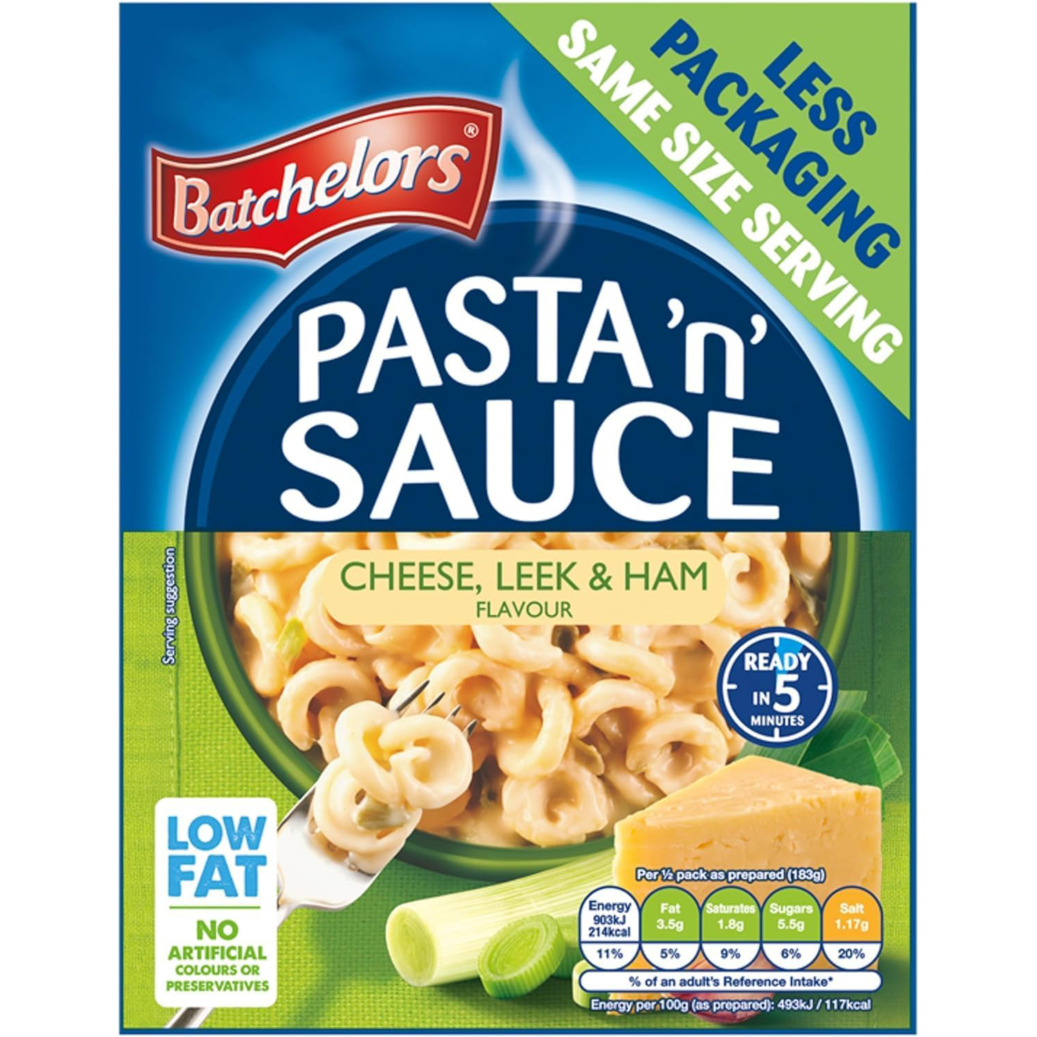 Batchelors Pasta Sauce Cheese Leek & Ham flavor in a jar, showcasing the creamy sauce with visible cheese, leek, and ham pieces.