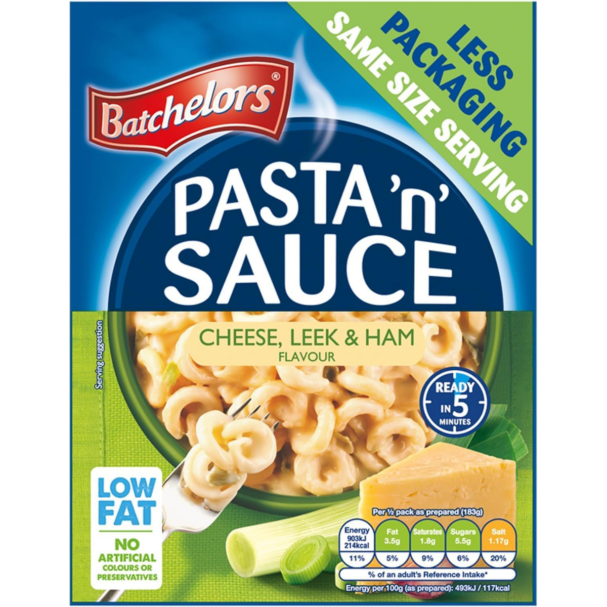 Batchelors Pasta Sauce Cheese Leek & Ham flavor in a jar, showcasing the creamy sauce with visible cheese, leek, and ham pieces.