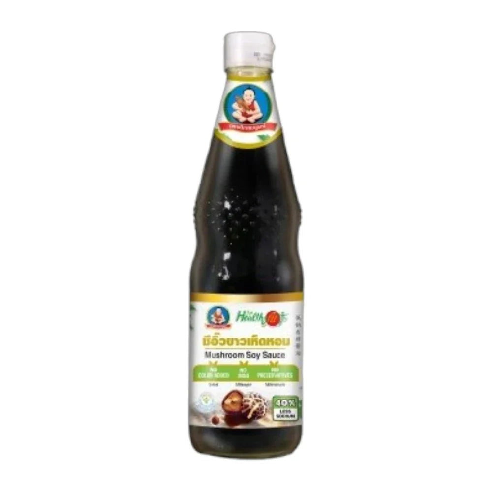 Deksomboon Mushroom Soy Sauce Less Sodium in 700ml bottle, dry grocery item with dark soy sauce and mushroom flavor