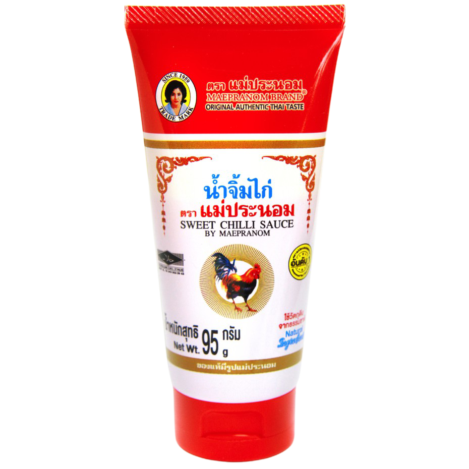 Mae Pranom Sweet Chilli Sauce bottle with red and green label, shown in a grocery setting.