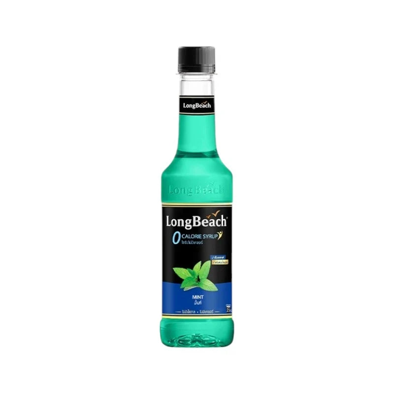 LongBeach Zero Calories Mint Syrup bottle, dry grocery product with mint flavor, in a clear plastic bottle on a white background.