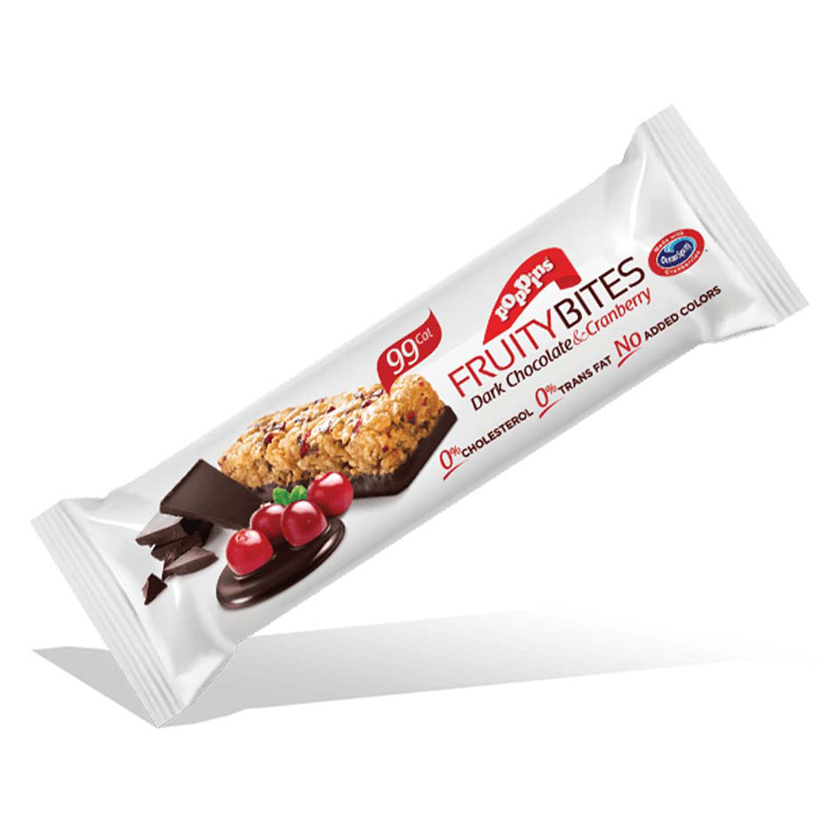 Poppins Granolies Oat Bar with dark chocolate and cranberry, a nutritious grocery snack bar on a white background.