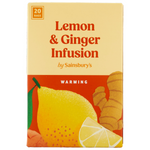 Sainsbury's Lemon & Ginger Infusion tea box with 20 tea bags, featuring lemon and ginger flavor for a soothing drink.