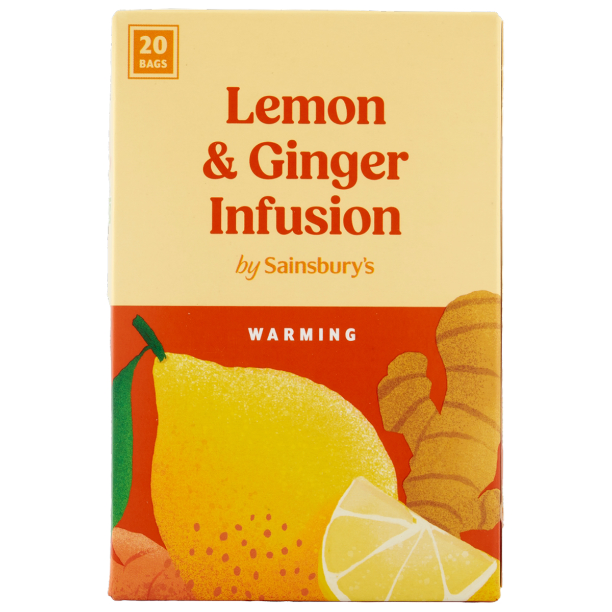 Sainsbury's Lemon & Ginger Infusion tea box with 20 tea bags, featuring lemon and ginger flavor for a soothing drink.