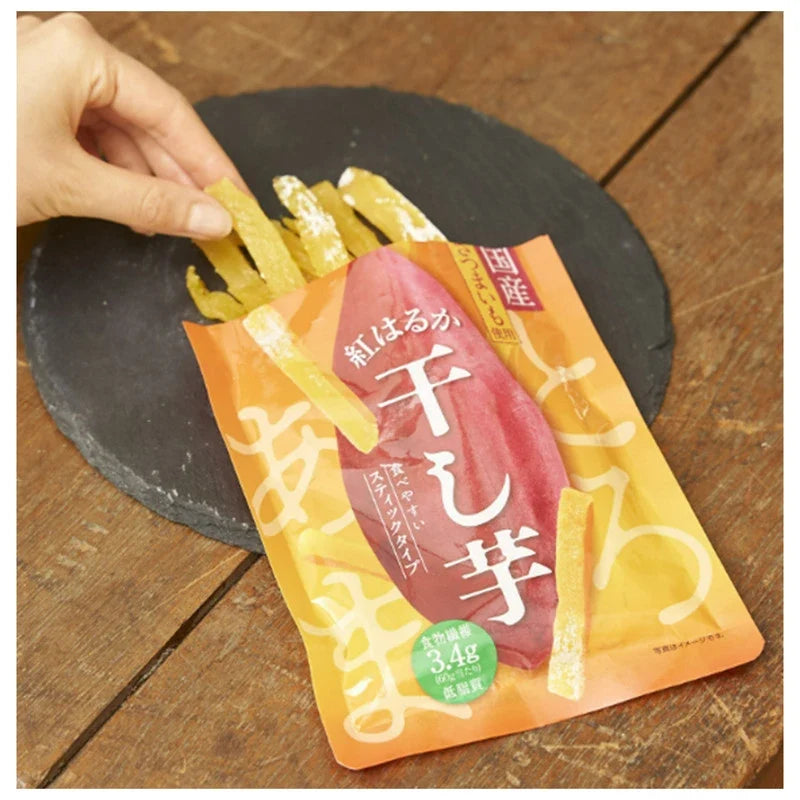 Sokan Dried Japanese Beniharuka Sweet Potato snacks in four 60g packs, showcasing the vibrant, dried sweet potato slices.