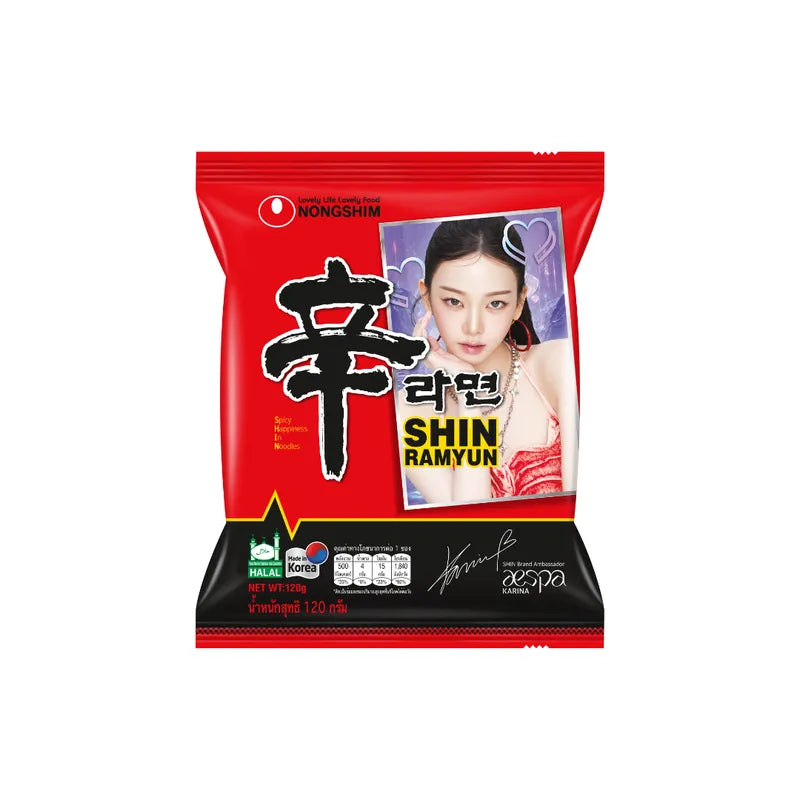 Nongshim Shin Ramyun instant noodle pack from Nongshim, dry grocery product with spicy noodle soup flavor.