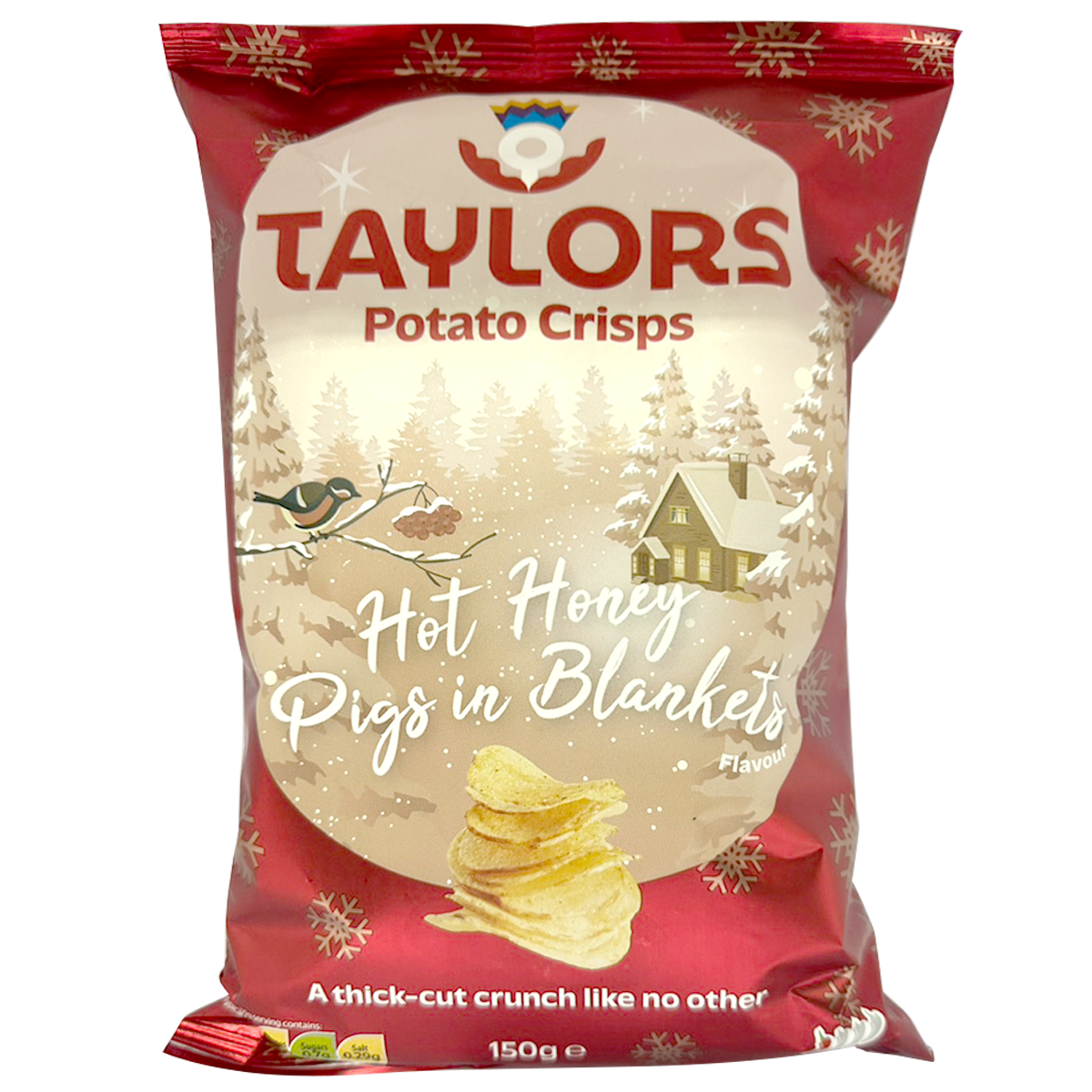 Taylors Hot Honey Pigs in Blankets Crisps, savory confectionery snacks with spicy honey flavor, shown in a colorful bag.