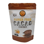 Baboo Cacao Powder in a clear jar, showcasing rich, dark cocoa powder for healthy confectionery snacks and baking.
