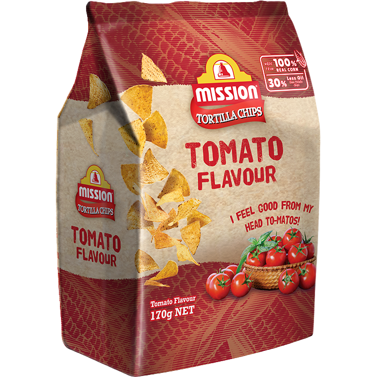 Mission Tomato Flavored Tortilla Chips in a colorful bag, showcasing crispy, seasoned snack chips perfect for snacking or sharing.