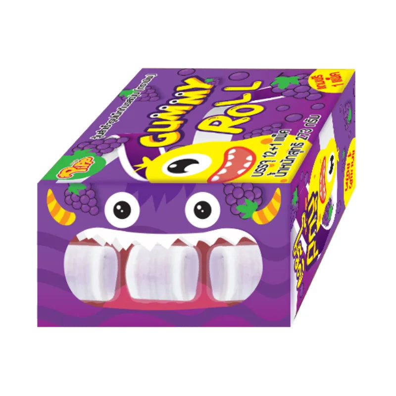 Pipp Gummy Roll Grape Flavor, 21g x 12 pcs, chewy grape-flavored gummy candy in a colorful snack package.