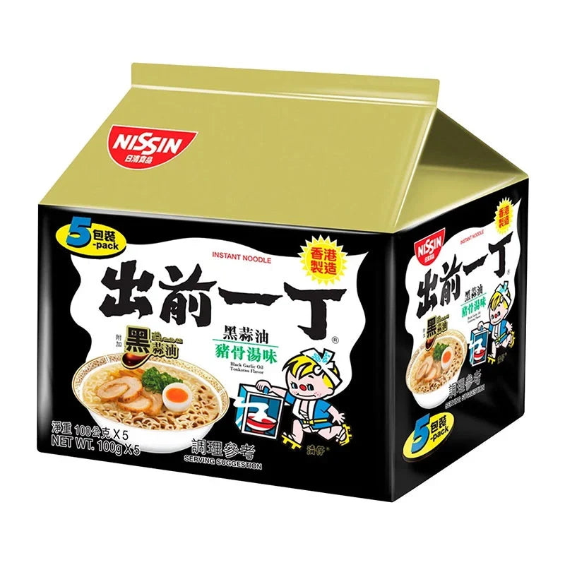 Nissin Ramen Black Garlic 100g dry grocery package with black garlic flavor noodles and branding, ready for cooking or serving.