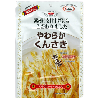 Maruesu Yawaraka Kunsaki smoked squid snacks in a colorful package, showcasing the chewy, savory seafood treat.