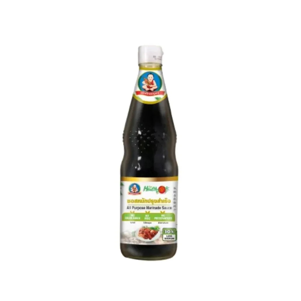 Deksomboon All Purpose Marinade Sauce Less Sodium Fit in 800g bottle, dry grocery product with a dark liquid appearance