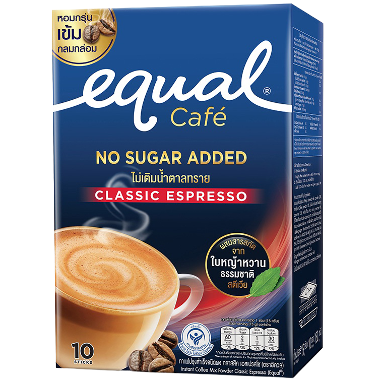 Equal Classic Espresso instant coffee mix powder in a glass cup, showcasing rich, dark coffee with a smooth crema.