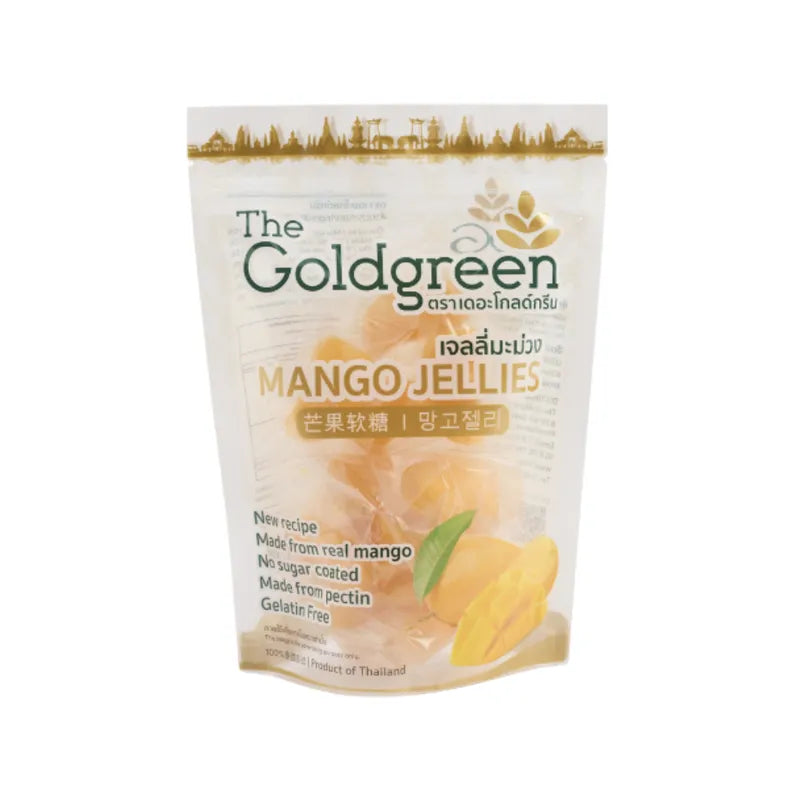 Goldgreen Mango Jelly Jellies snack, vibrant orange mango-flavored confectionery in a 200g package with glossy jelly texture.