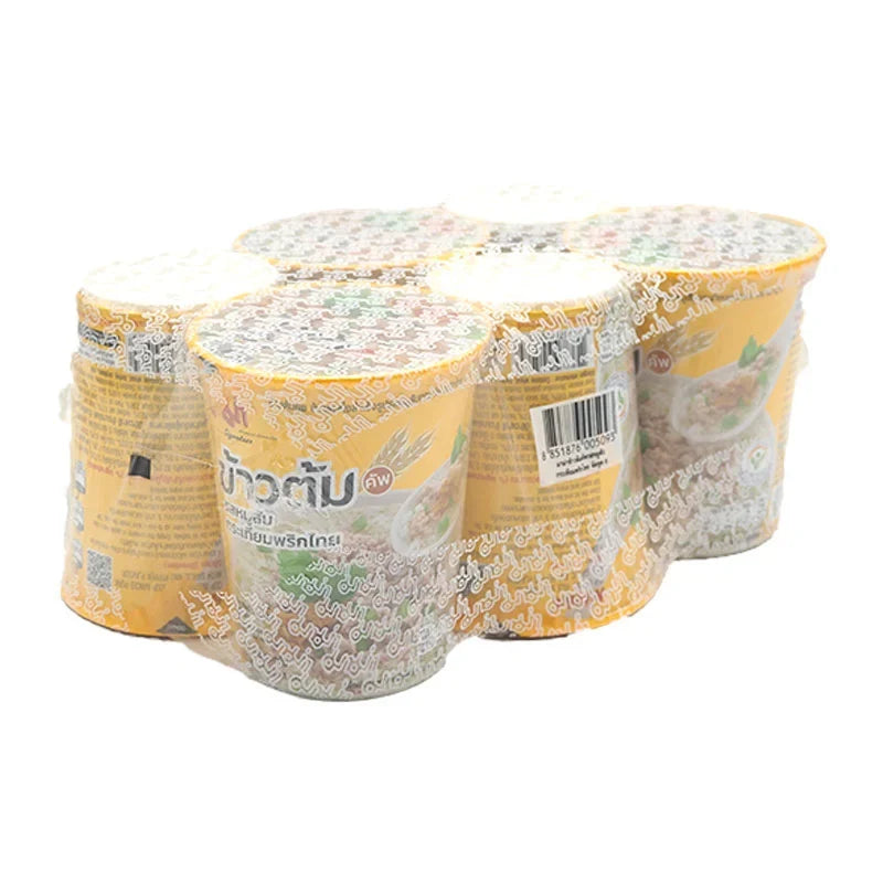 Mama Rice Soup Pork Garlic 40g x6 packet, dry grocery product with savory rice soup and pork garlic flavor, packed in six sachets.