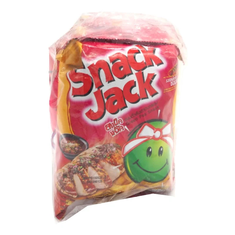 SNACKJACK green pea snack chicken steak with Thai spicy dipping sauce, dry grocery snack confectionery, close-up of the product.