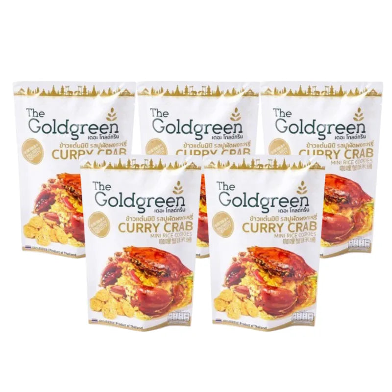 Mini rice cookies by THE GOLDGREEN featuring golden curry and crab flavors, packaged in a 40g snack confectionery bag.