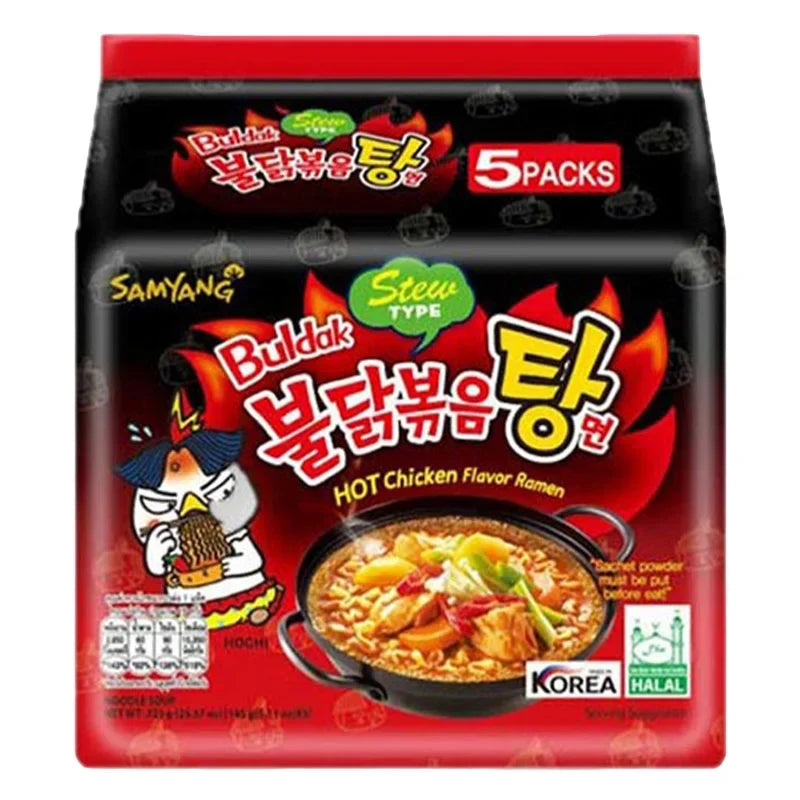 Samyang Hot Chicken Stew Ramen 145g pack of five, dry Korean noodle soup with spicy chicken flavor, in packaging with noodles and seasoning.