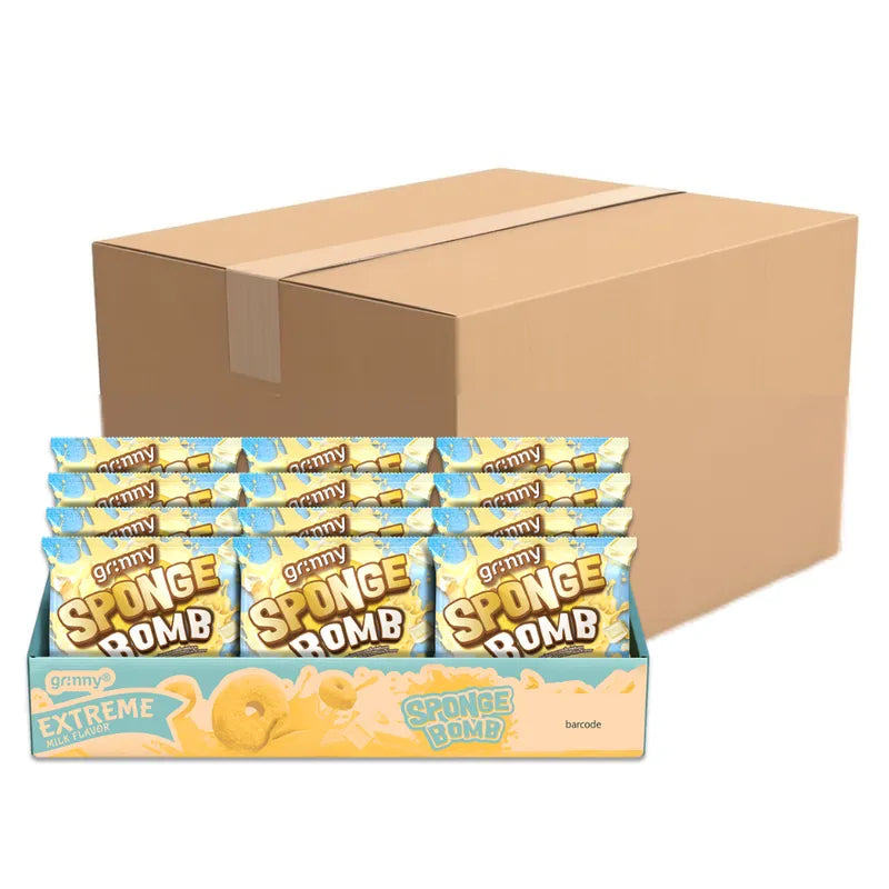 GRINNY Sponge Bomb Snack Extreme Milk flavor 15g, dry grocery snack with sponge-like texture and milk flavor, shown in package.