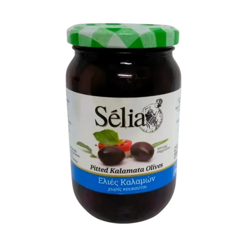 Kalamata Black Pitted Olives in a 170g jar, showcasing large, glossy black olives from Kalamata brand.