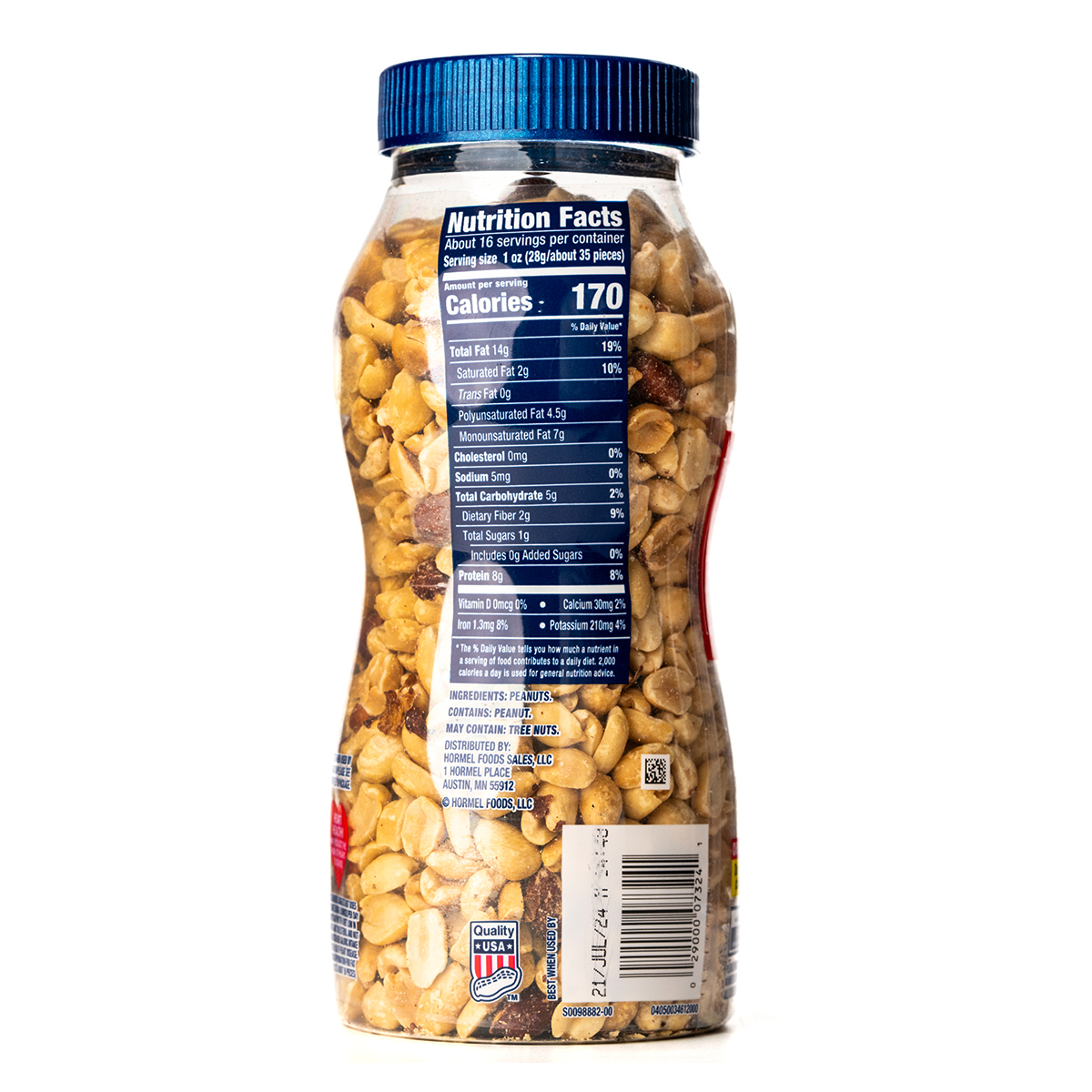 Planters Peanuts Dry Roasted Unsalted snack pack with a handful of peanuts in a clear container, highlighting the dry roasted, unsalted variety.