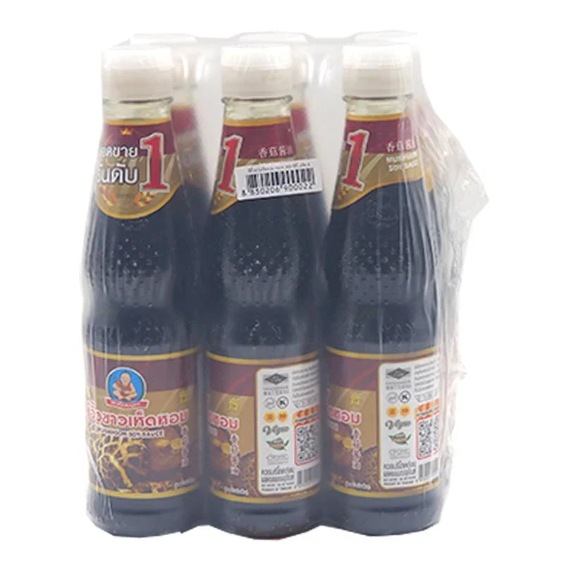 DEK SOM Boon Mushroom Sauce 300ml bottle, part of a six-pack, in a clear plastic bottle with label, suitable for Asian cuisine.