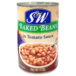 Can of S&W Baked Beans in tomato sauce, ready-to-eat grocery product with beans in rich tomato sauce.