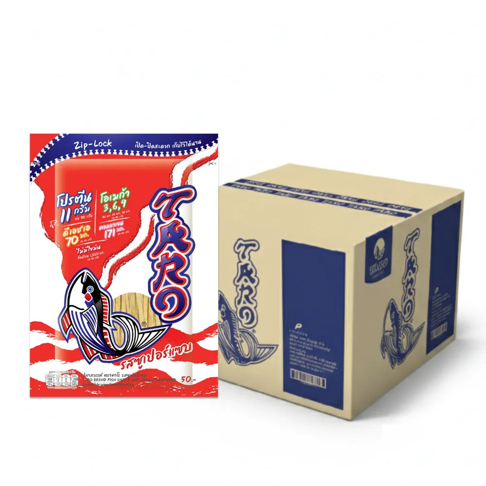 Taro Fish Snack HOT Chilli flavor, 50g, in a colorful package, a popular spicy seafood snack from the TARO brand.
