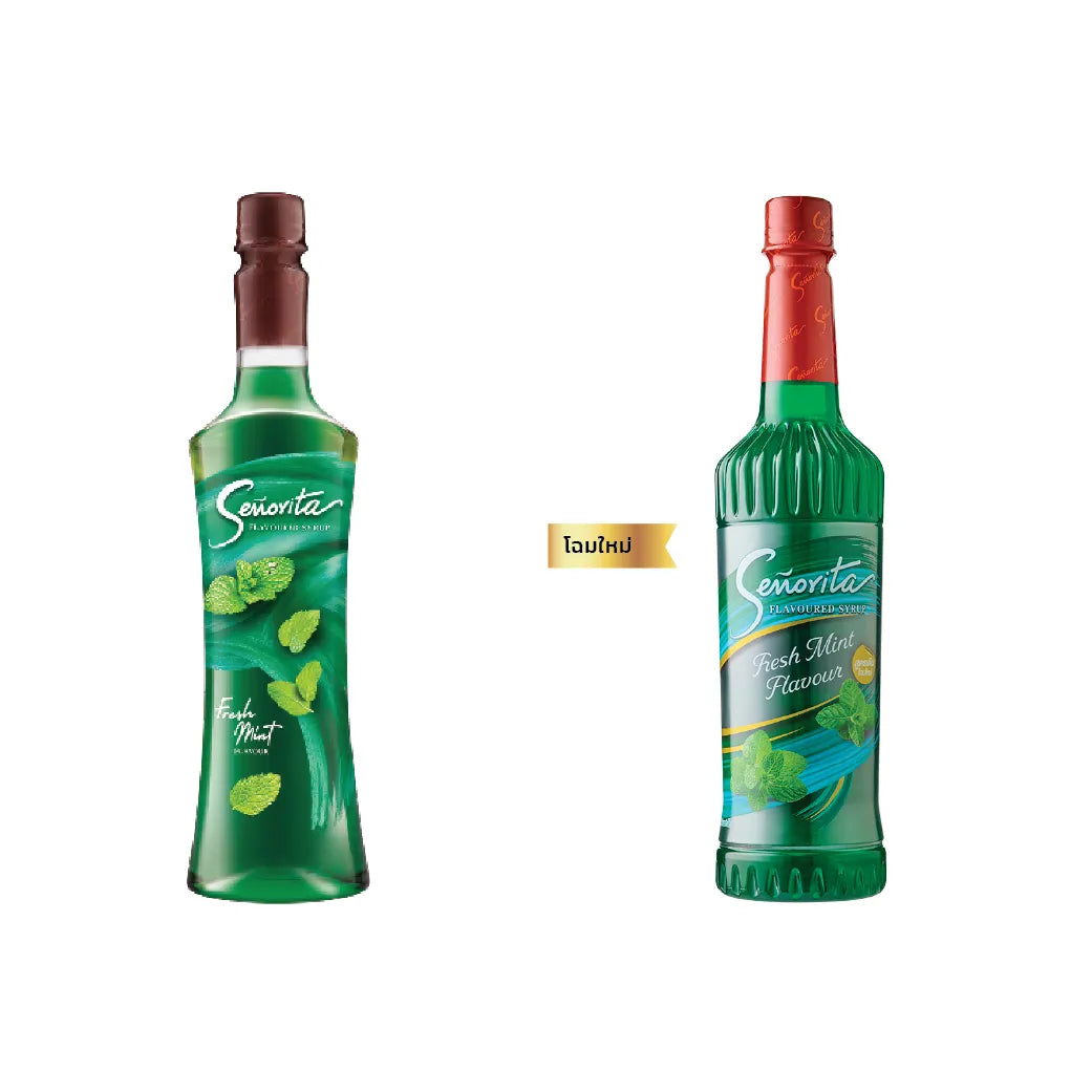 Senorita Fresh Mint Flavored Syrup 750ml bottle, ideal for beverages and desserts, in clear glass with mint-colored label.
